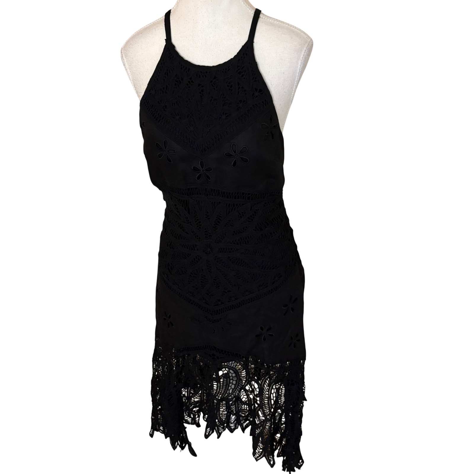 Sue Wong Black Linen Embroidered Cut Out Halter Asymmetrical Vintage Dress Sz 4